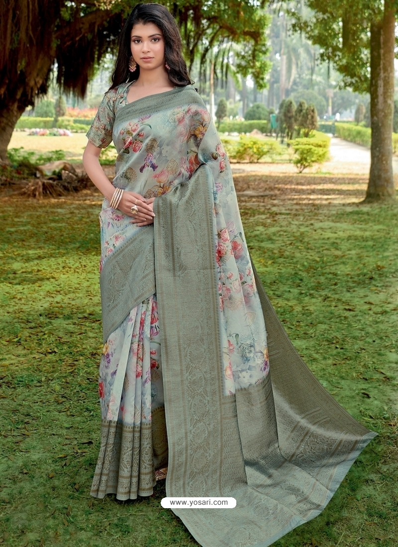 Grayish Green Designer Party Wear Linen Sari