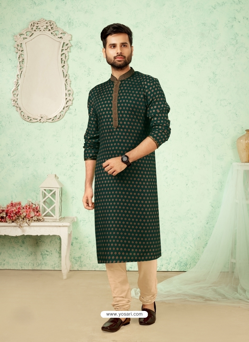 Dark Green Readymade Designer Party Wear Kurta Pajama For Men