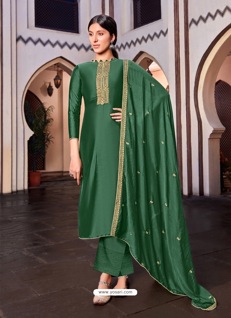 Dark Green Designer Cotton Silk Palazzo Salwar Suit