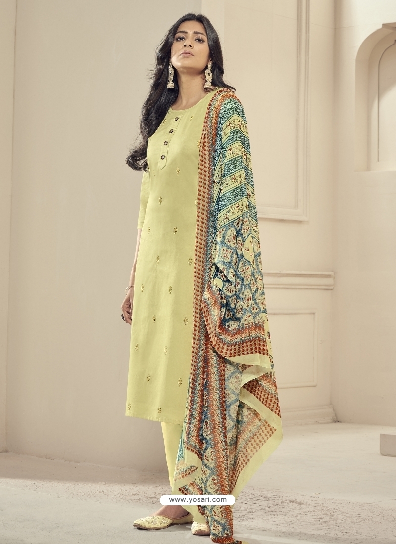 Light Yellow Readymade Designer Pure Jam Satin Straight Salwar Suit
