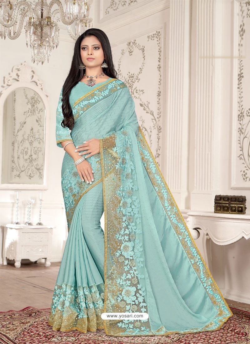 Sky Blue Designer Party Wear Sari