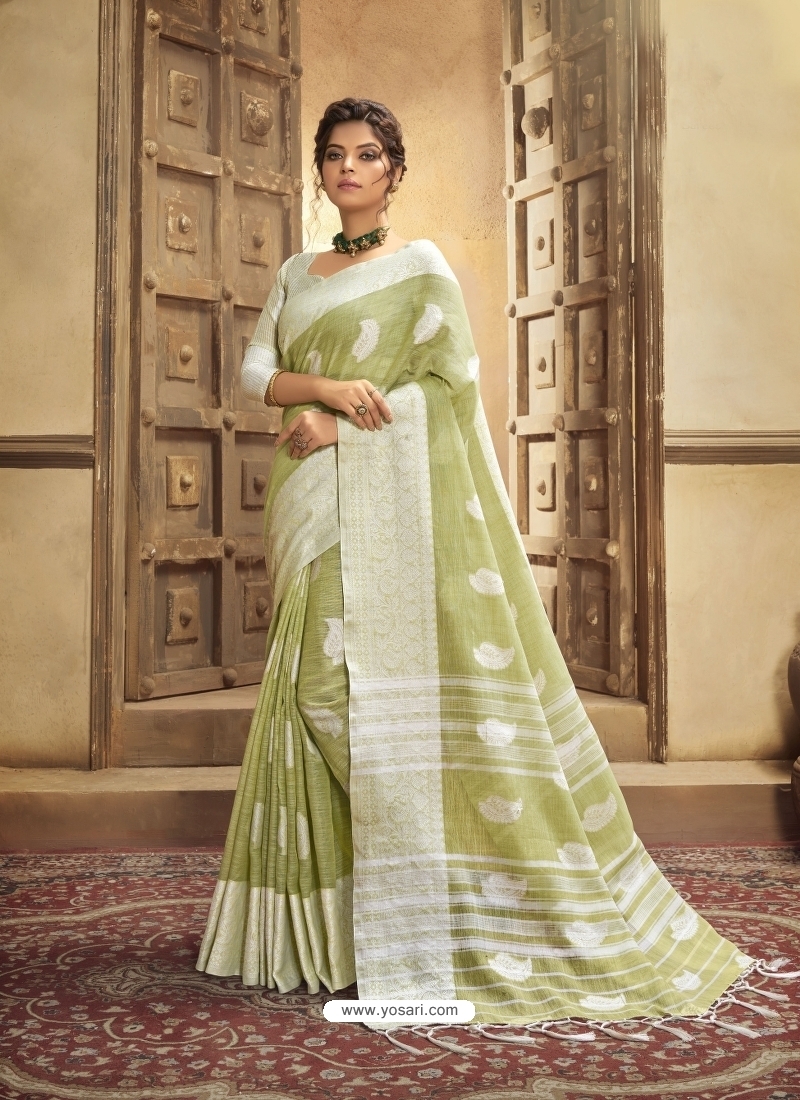 Green Designer Party Wear Cotton Linen Sari
