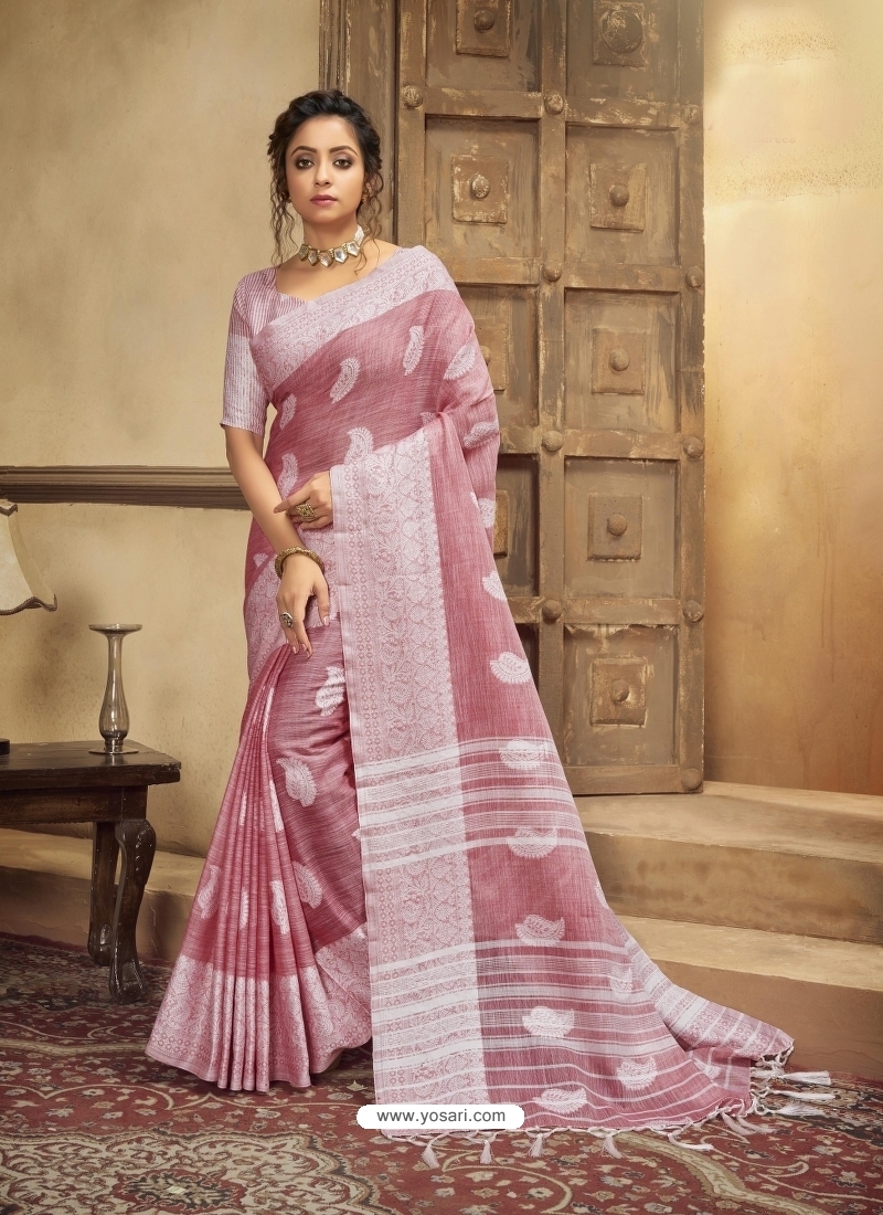 Dusty Pink Designer Party Wear Cotton Linen Sari
