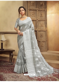 Grey Designer Party Wear Cotton Linen Sari