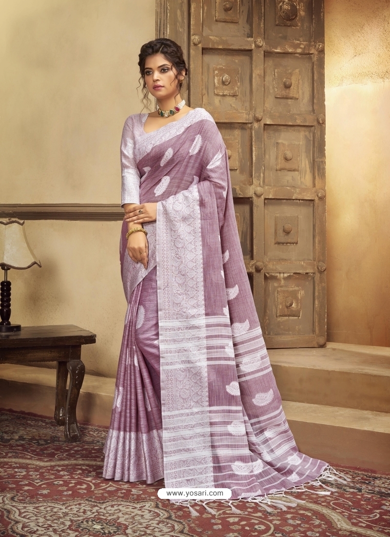 Lavender Designer Party Wear Cotton Linen Sari