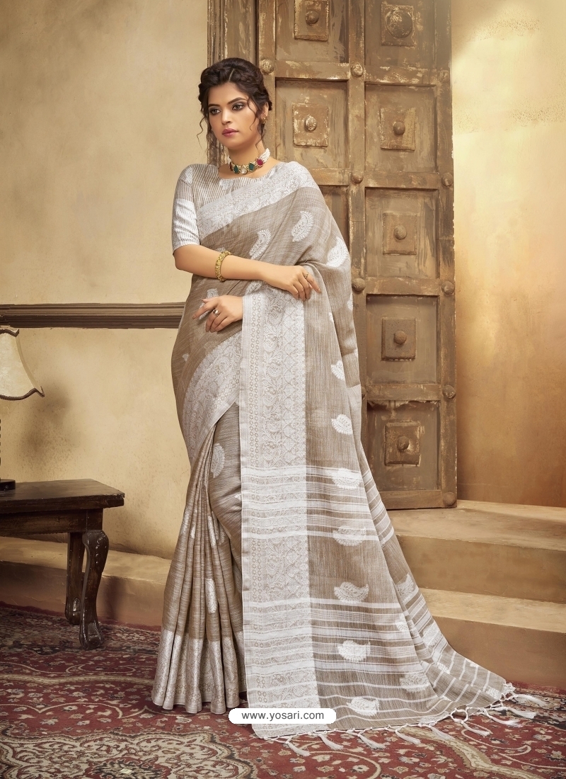 Light Brown Designer Party Wear Cotton Linen Sari