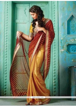 Miraculous Print Work Gold And Red Designer Traditional Sarees