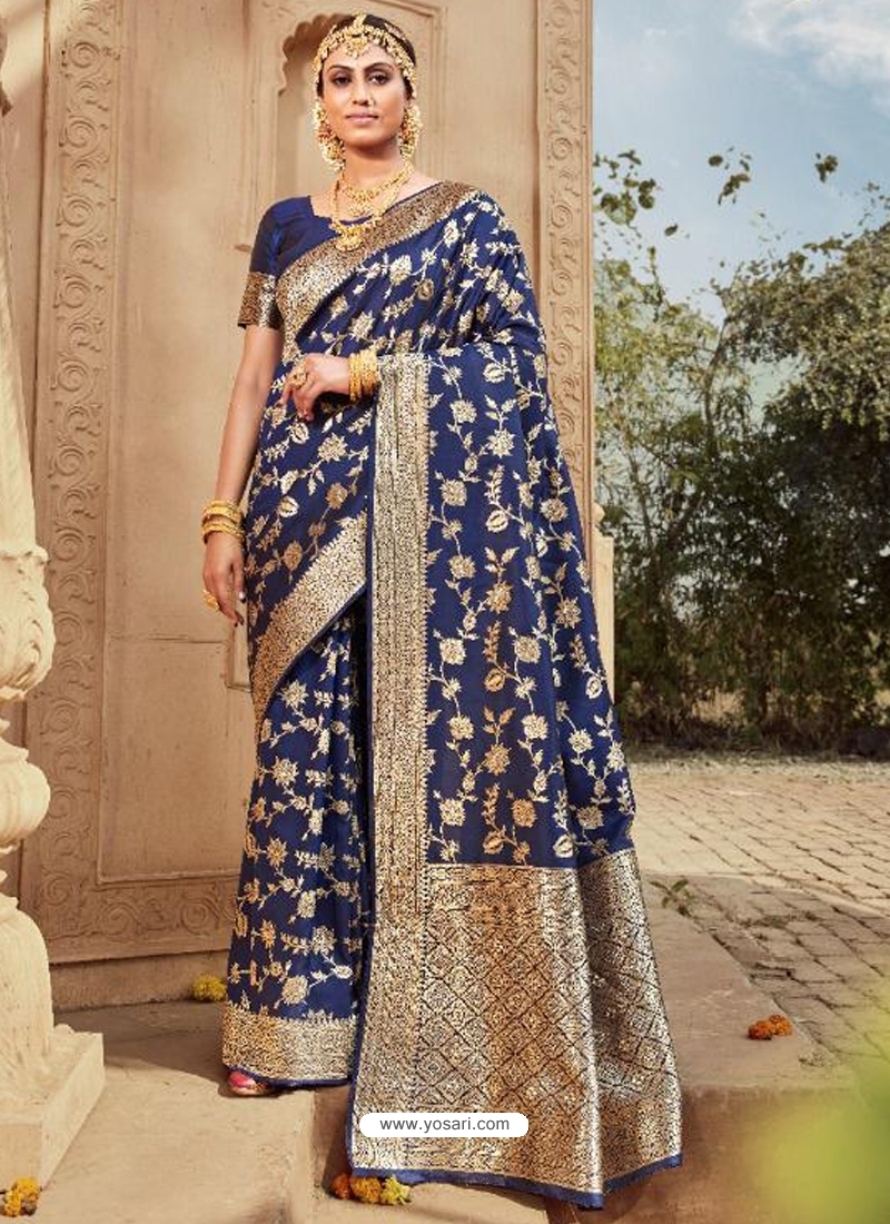 Navy Blue Designer Party Wear Banarasi Silk Sari