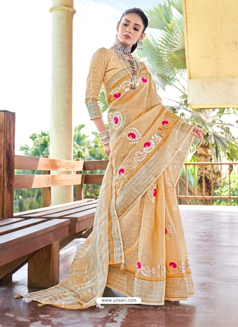 Cream Designer Party Wear Soft Linen Sari
