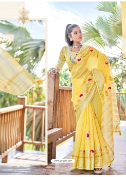 Lemon Designer Party Wear Soft Linen Sari