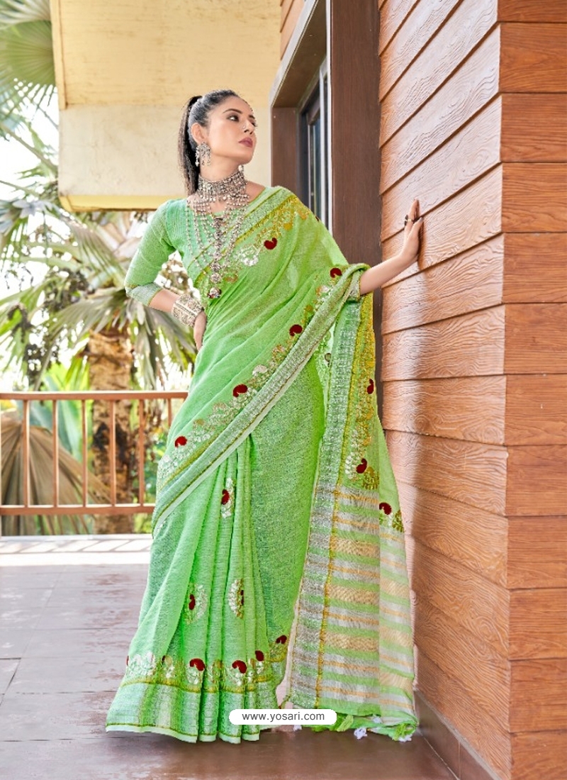 Parrot Green Designer Party Wear Soft Linen Sari