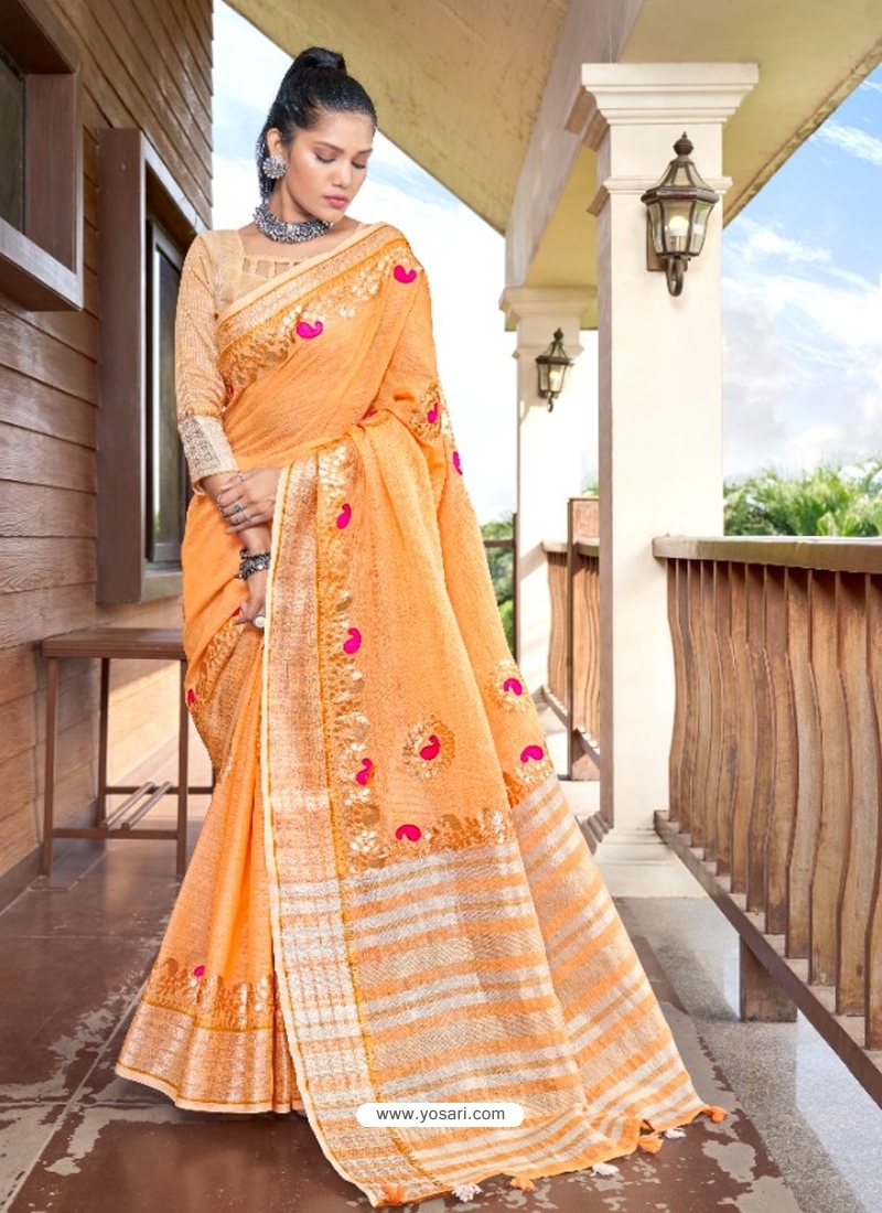 Orange Designer Party Wear Soft Linen Sari