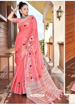 Peach Designer Party Wear Soft Linen Sari