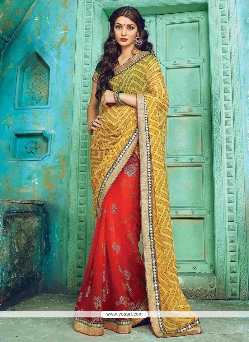 Dainty Print Work Red And Yellow Georgette Designer Traditional Sarees