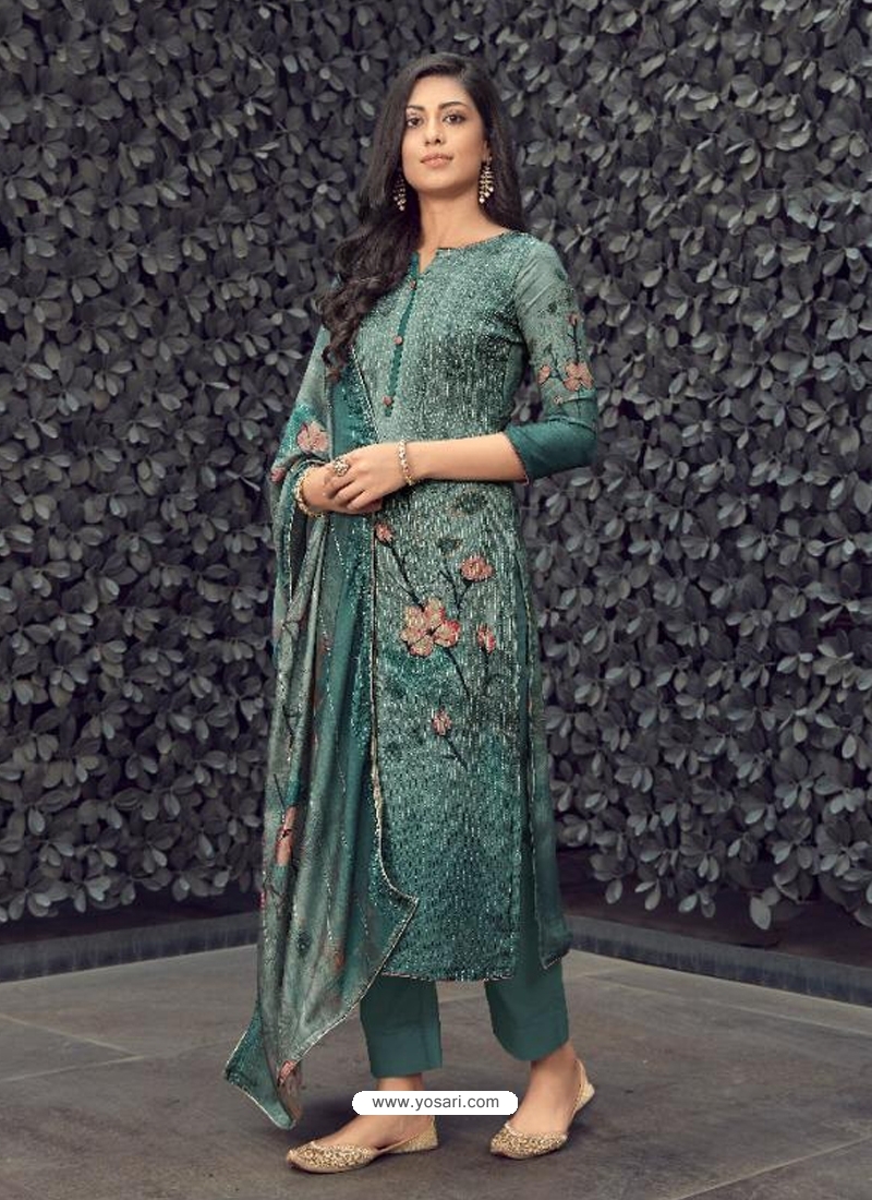 Grayish Green Designer Pure Maslin Palazzo Salwar Suit