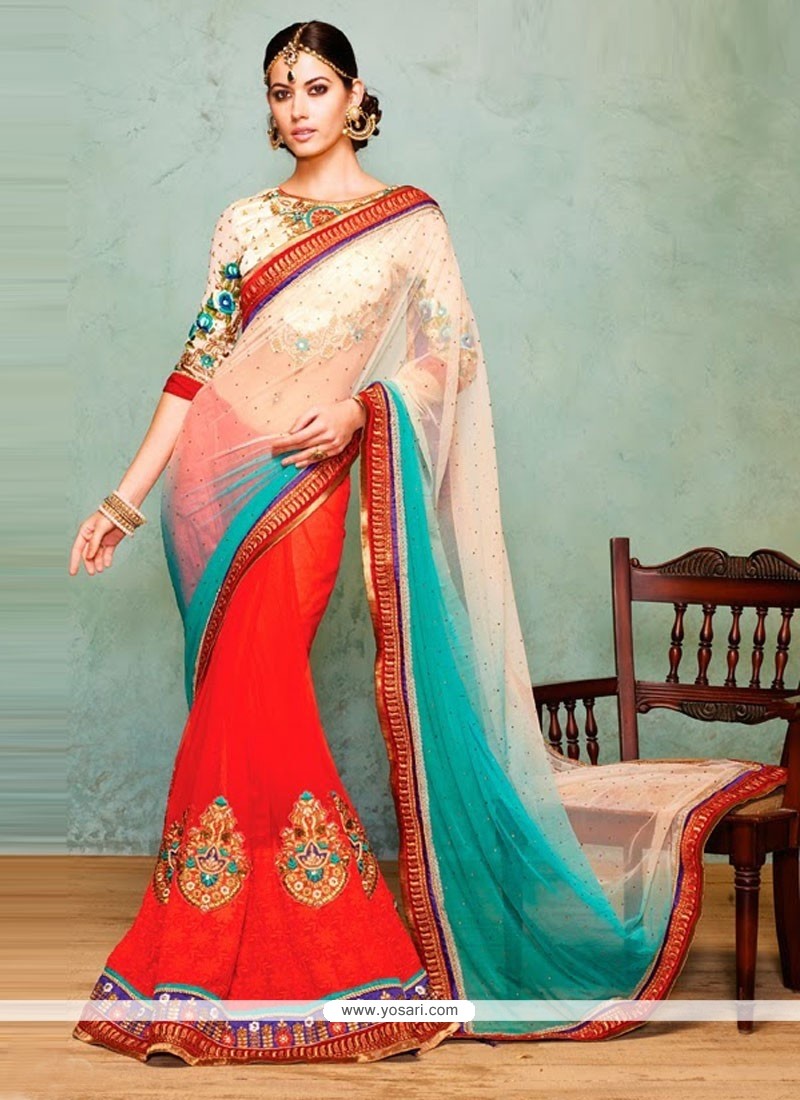 Glowing Off White And Red Shade Net And Georgette Saree
