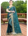 Teal Blue Designer Party Wear Honey Chiffon Sari