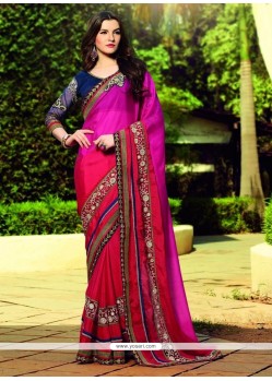 Gleaming Georgette Hot Pink And Red Lace Work Designer Saree