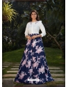 Navy Blue Stylish Designer Crop-Top With Lehenga