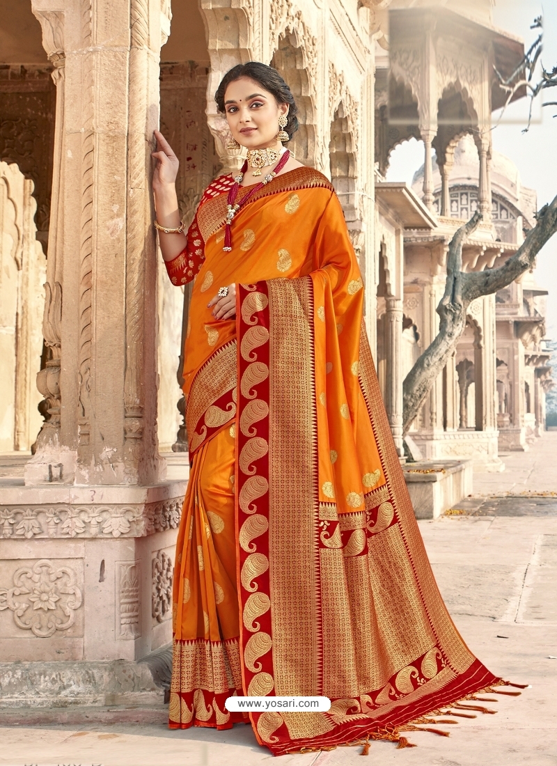 Orange Designer Party Wear Silk Sari