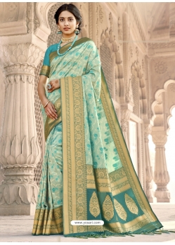 Sky Blue Designer Party Wear Silk Sari