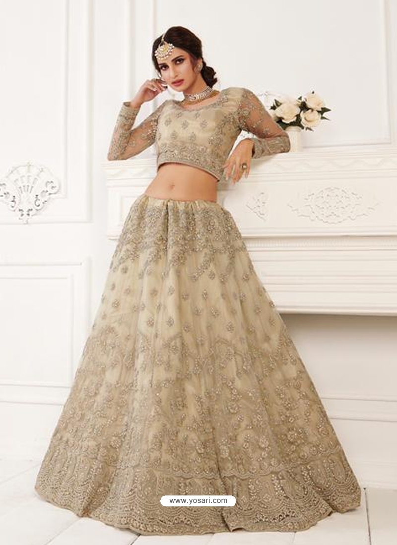 Light Beige Stylish Designer Wedding Wear Net Lehenga Choli