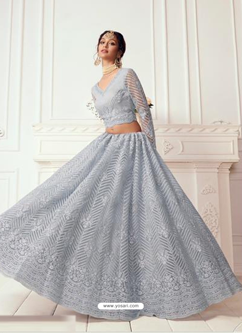 Aqua Grey Stylish Designer Wedding Wear Net Lehenga Choli