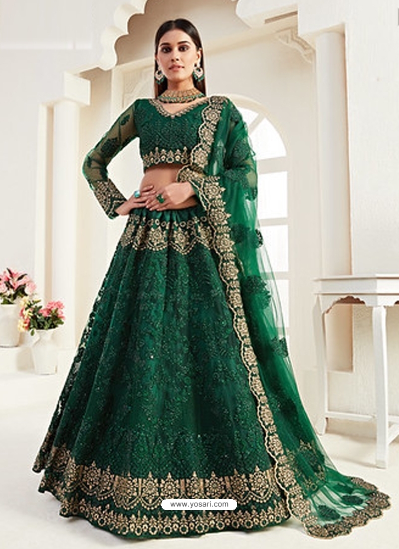 Dark Green Stylish Designer Wedding Wear Net Lehenga Choli