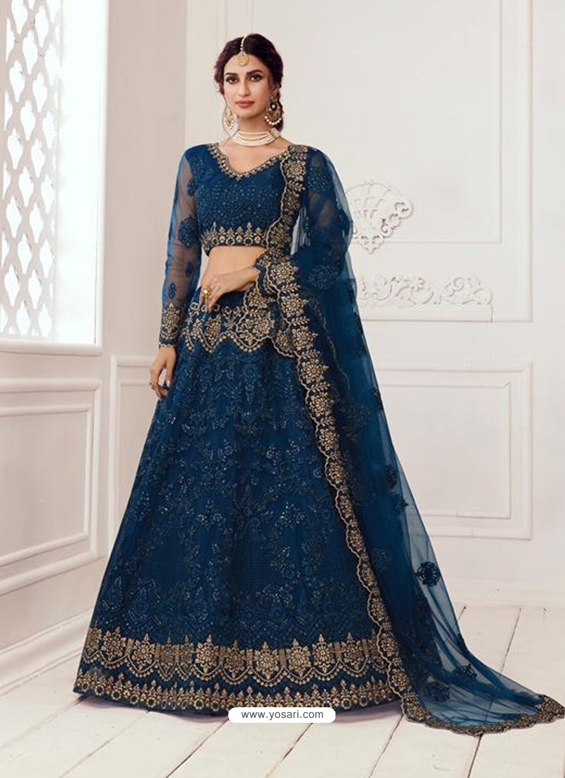 Teal Blue Stylish Designer Wedding Wear Net Lehenga Choli