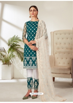 Teal Designer Party Wear Butterfly Net Pakistani Suit