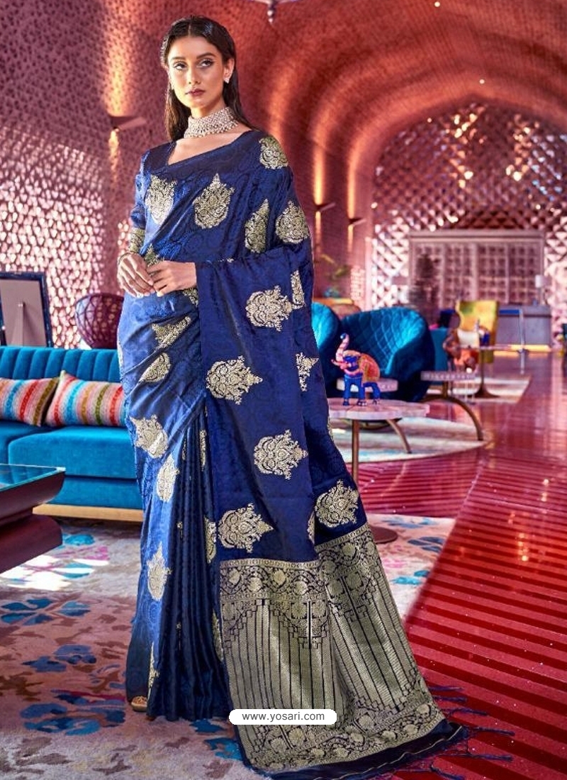 Dark Blue Designer Party Wear Pure Satin Sari