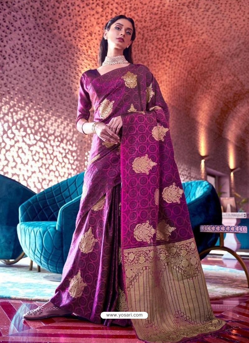 Purple Designer Party Wear Pure Satin Sari