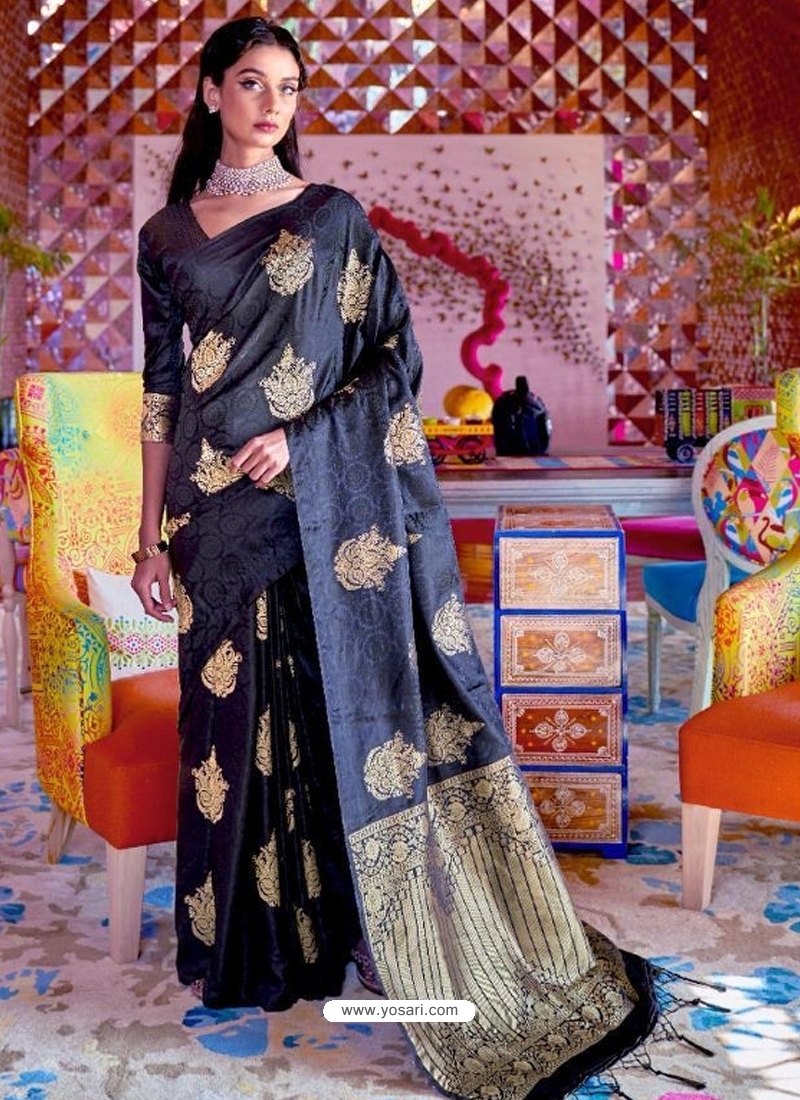 Black Designer Party Wear Pure Satin Sari
