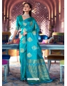 Turquoise Designer Party Wear Pure Satin Sari