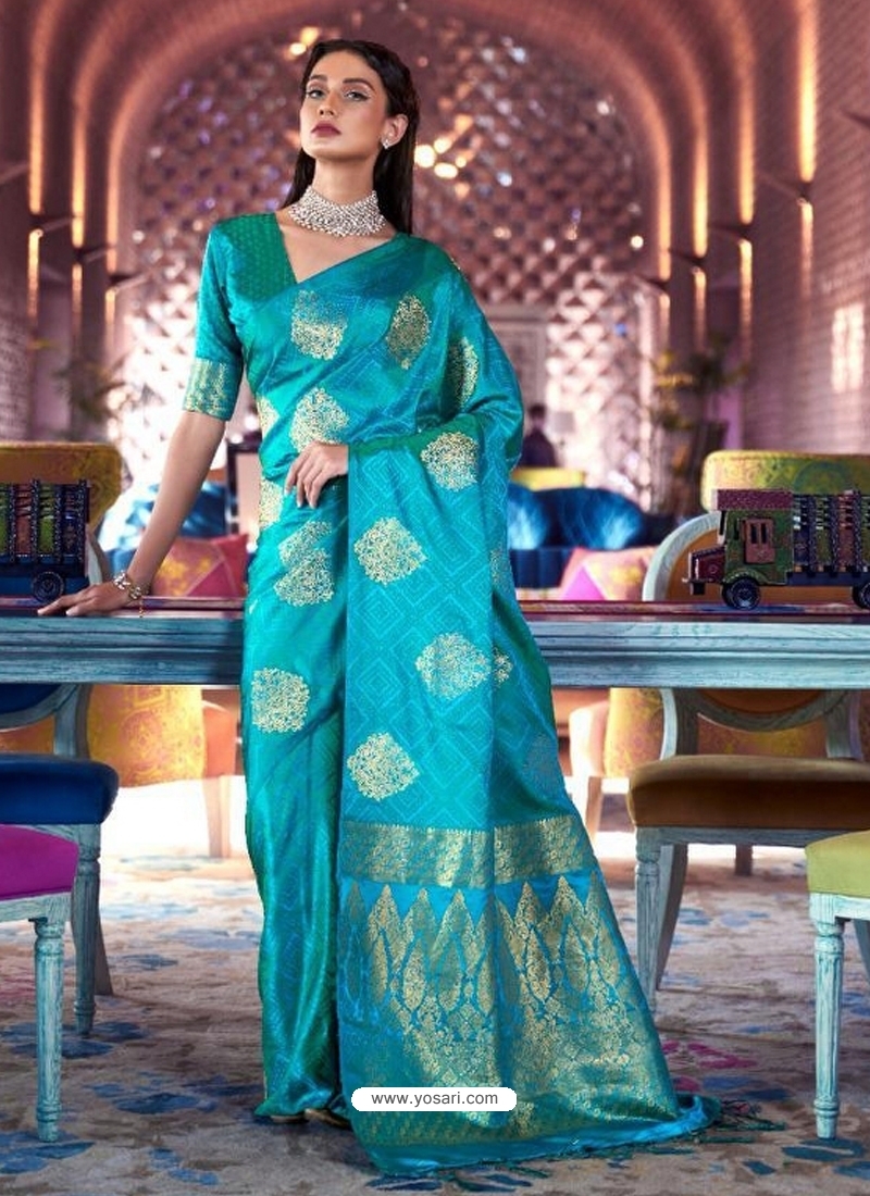 Turquoise Designer Party Wear Pure Satin Sari
