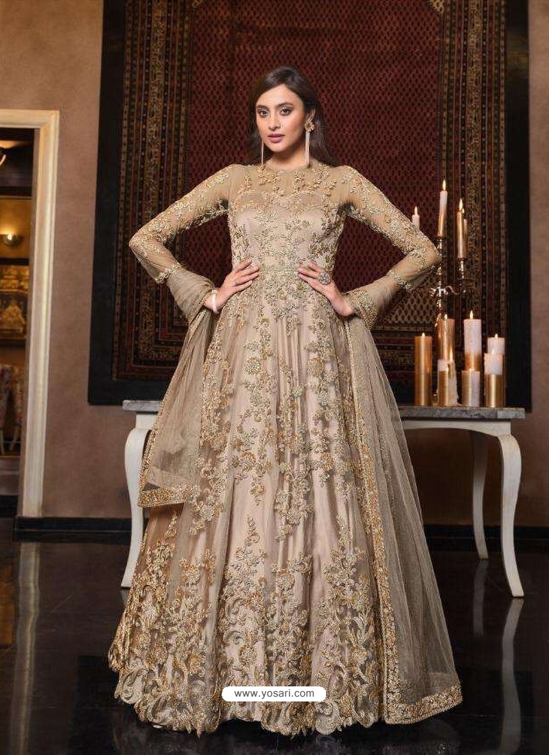 Gold Latest Designer Bridal Party Wear Soft Net Indo Western Suit