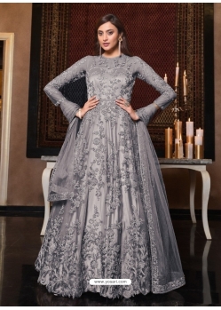 Grey Latest Designer Bridal Party Wear Soft Net Indo Western Suit