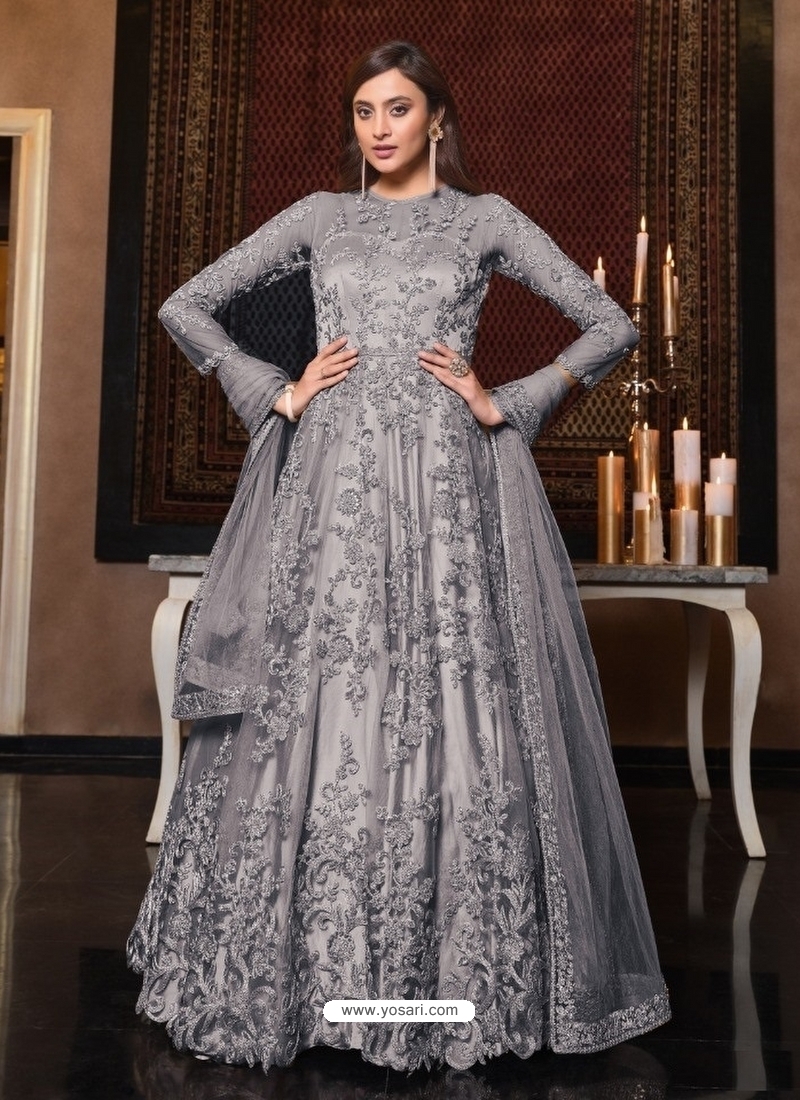 Grey Latest Designer Bridal Party Wear Soft Net Indo Western Suit