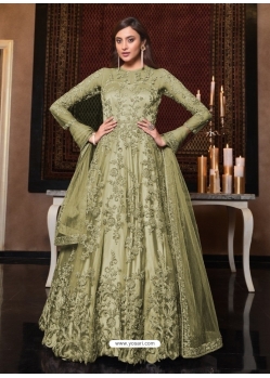 Olive Green Latest Designer Bridal Party Wear Soft Net Indo Western Suit