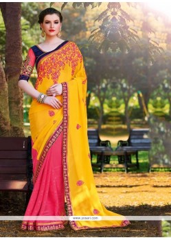 Superb Georgette Hot Pink And Yellow Lace Work Half N Half Saree