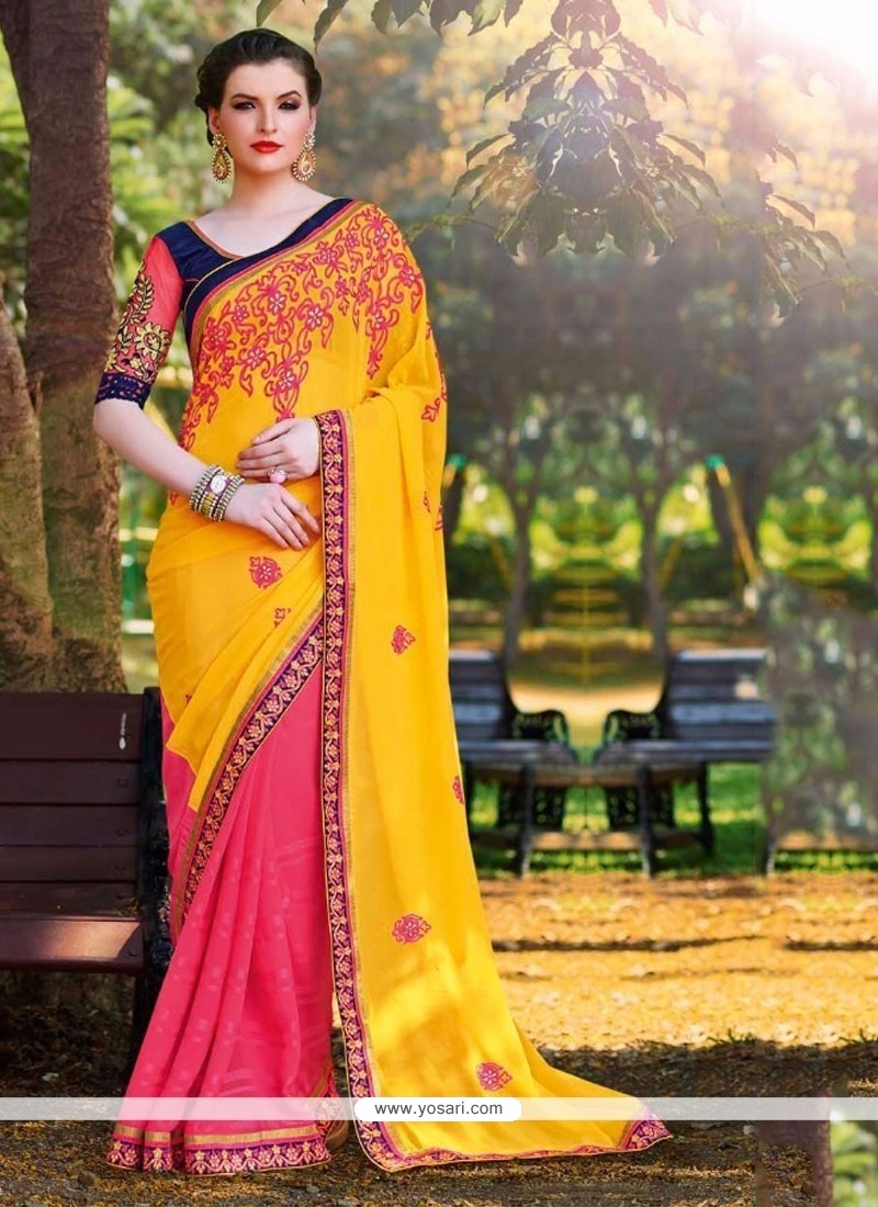Superb Georgette Hot Pink And Yellow Lace Work Half N Half Saree