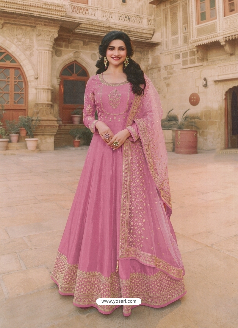 Light Pink Latest Designer Party Wear Dola Silk Anarkali Suit