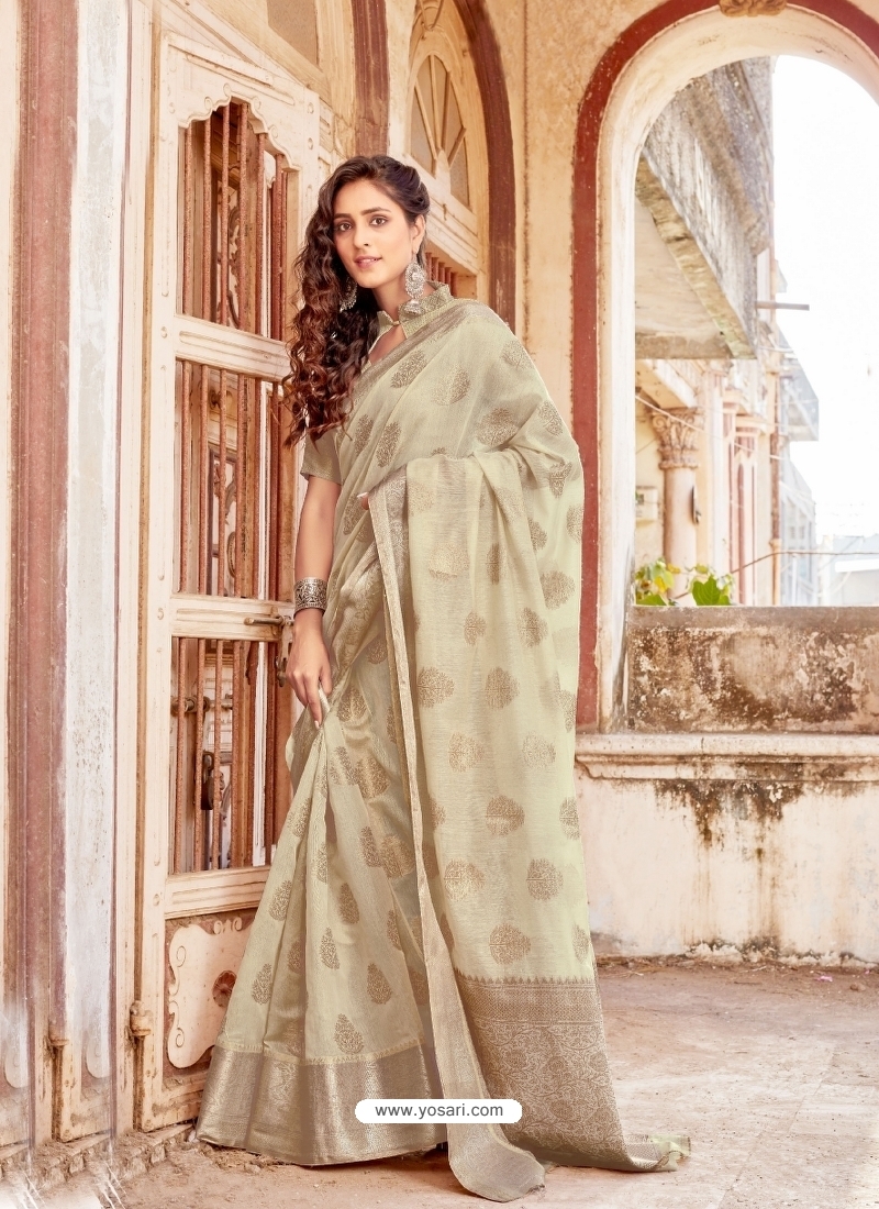 Light Beige Designer Party Wear Silk Sari