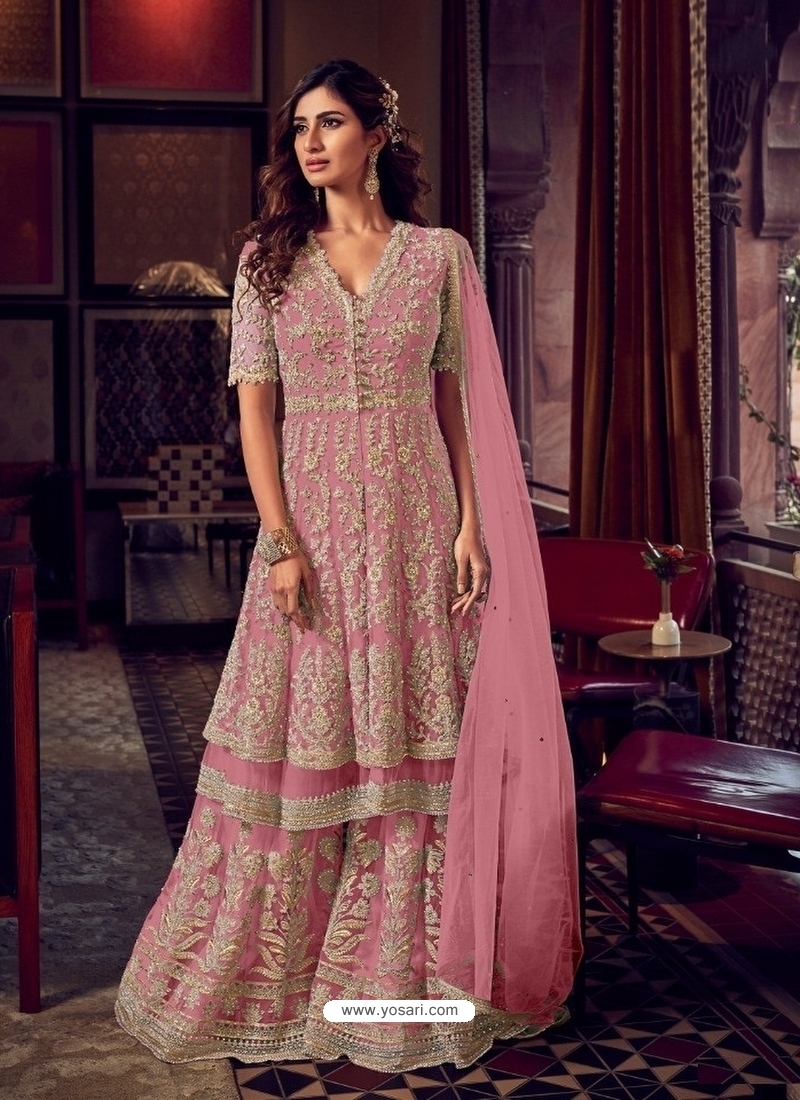Light Pink Heavy Embroidered Designer Wedding Wear Sharara Suit