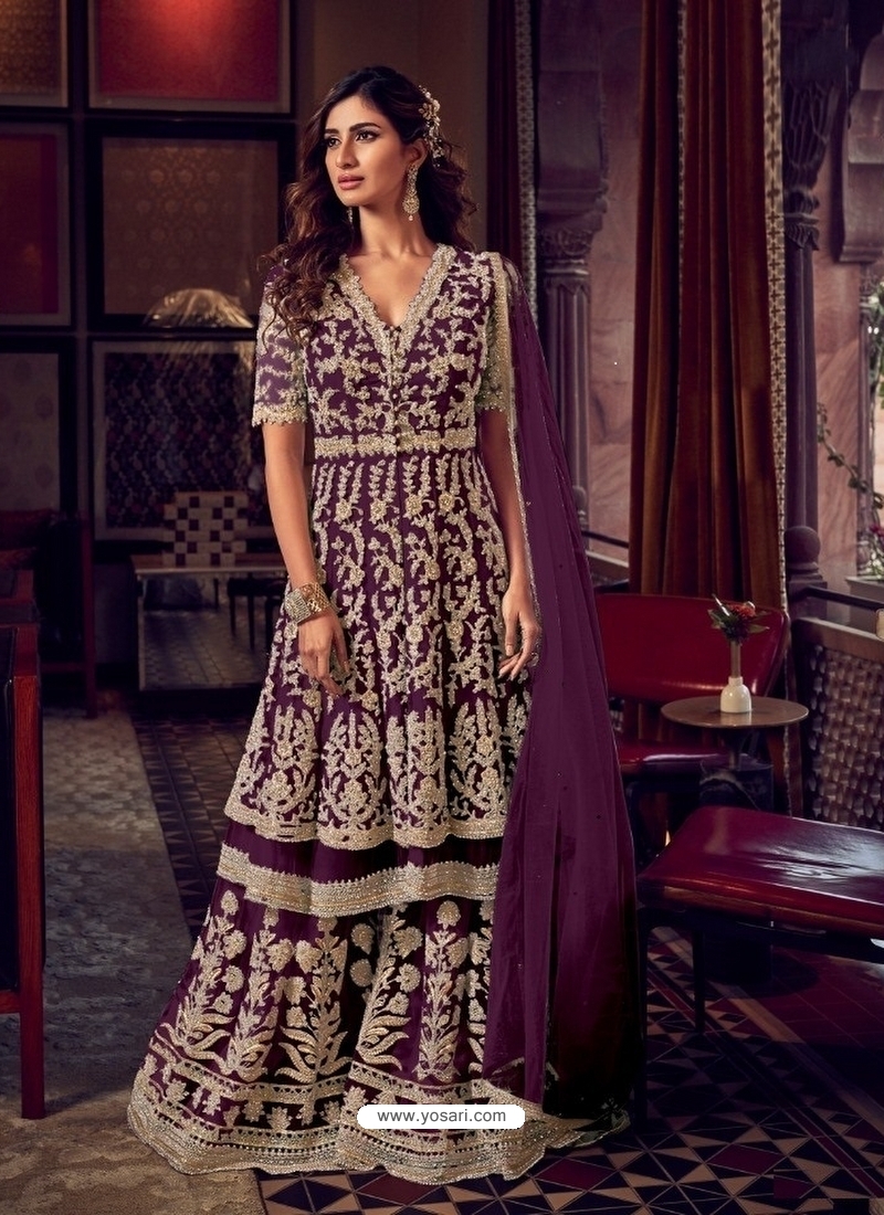 Purple Heavy Embroidered Designer Wedding Wear Sharara Suit