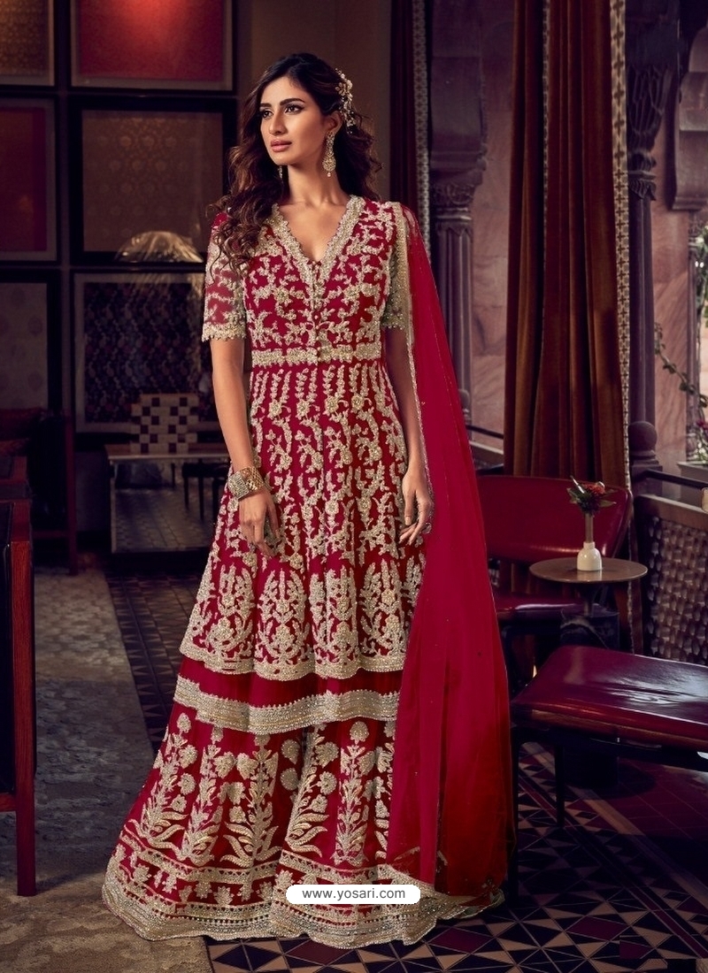 Crimson Heavy Embroidered Designer Wedding Wear Sharara Suit