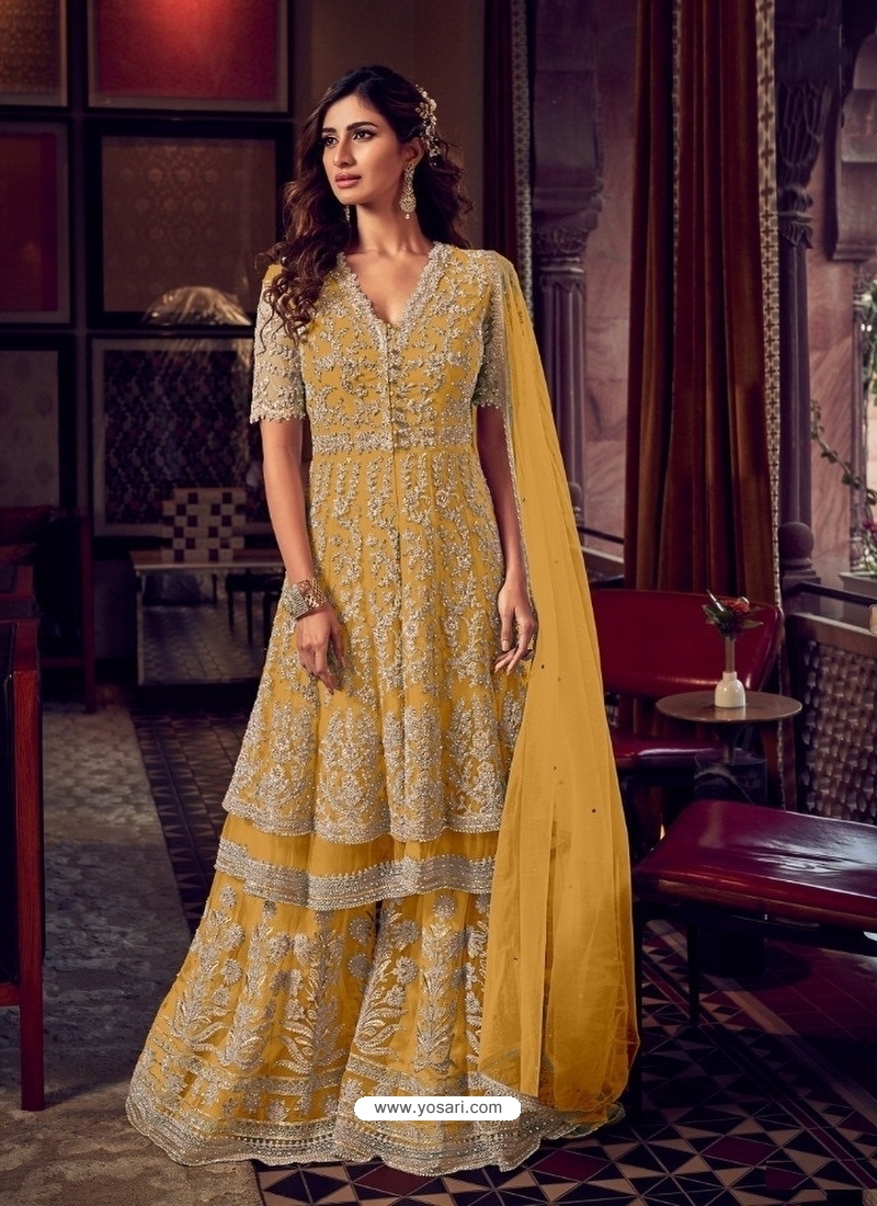 Yellow Heavy Embroidered Designer Wedding Wear Sharara Suit