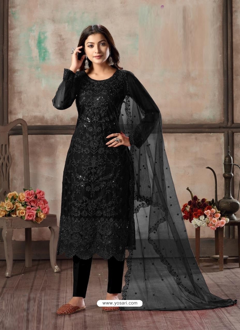 Black Designer Net Straight Salwar Suit