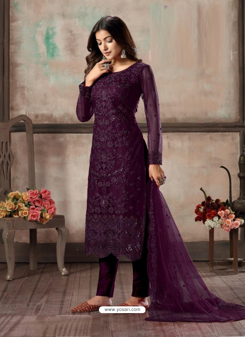 Purple Designer Net Straight Salwar Suit