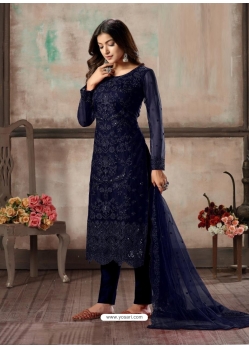 Navy Blue Designer Net Straight Salwar Suit